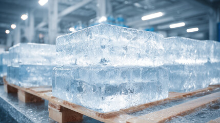Frozen ice blocks stacked on wooden pallets in a well-lit industrial warehouse with blurred background machinery creating a cool, refreshing ambiance for food storage.