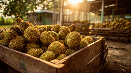 Durian fruit piled in wooden crates under soft sunlight in a tropical setting, surrounded by blurred trees and an industrial-style shed in the background.