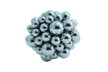 A cluster of shiny, metallic spheres, tightly packed together, forming a unique, three-dimensional shape. background removed