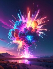 Colorful explosion over a lake at dusk
