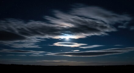 Ethereal night sky with clouds softly illuminated by a radiant full moon