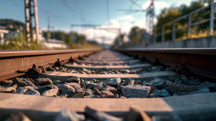 Steel tracks stretching into the distance flanked by gravel and surrounded by greenery under a clear blue sky, capturing an outdoor railroad scene during daylight.