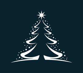 Elegant white Christmas tree design with a star and dotted ornament on a dark blue background