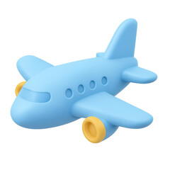 A blue toy airplane with yellow wheels, designed for children to play and learn about aviation.
