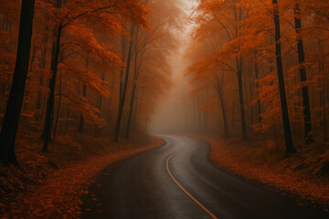 Curving wet road vanishes into fog through fiery orange forest; tranquil, moody fall travel scene. generative AI