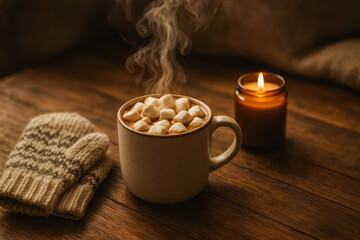 Toddler wrapped in patterned blanket cuddling a mug of hot cocoa; snug, wholesome fall comfort. generative AI