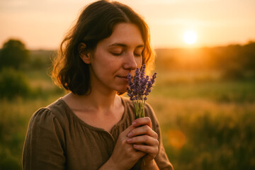 Woman gently smelling lavender at golden sunset—calming scent, mindfulness and slow living mood. generative AI