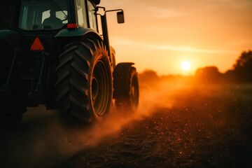 Close view of tractor tires rolling through dusty field at sunrise—power, agriculture and progress. generative AI