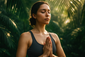 Calm woman practicing meditation with hands in prayer pose amid lush tropical greenery at sunrise. Wellness and peace. generative AI