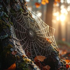 Dew-kissed spiderweb on autumn forest trunk