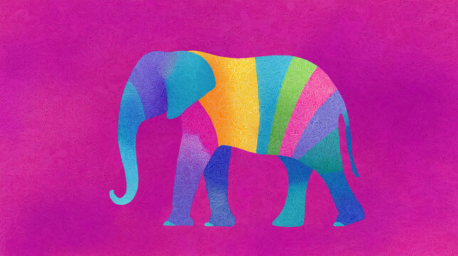 Colorful stylized elephant illustration on vibrant pink patterned background