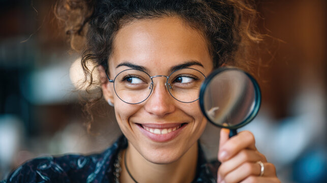 Curly-haired young woman smiling while holding a magnifying glass close to her face in a cozy indoor environment filled with soft lighting and a casual vibe.