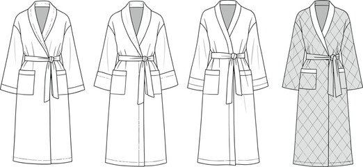 Bathrobe CAD flat vector technical fashion illustration front view design with belt, patch pockets, plain and quilted variations