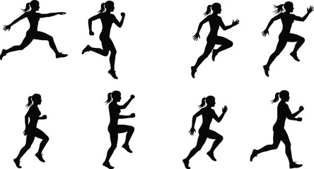 Silhouette woman running, jogging, sprinting, jumping, exercising, fitness athlete workout, active lifestyle, health training, sports movement, energetic motion illustration