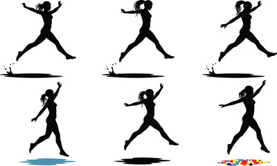 Silhouette woman jumping puddle, female athlete leap, fitness girl motion, active lifestyle concept, splash water jump, sports training design illustration