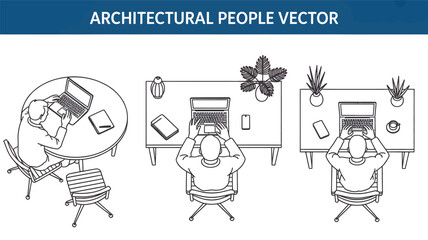 Top down view of architectural people silhouettes in a modern office setting with desks and plants silhouette