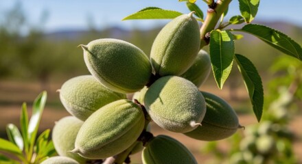 Green almonds on a branch with leaves, blurry orchard background