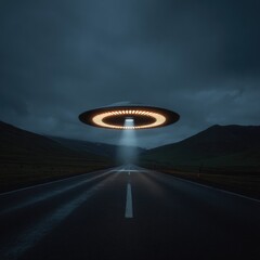 A serene country road at twilight, illuminated by a hovering UFO emitting a brilliant beam of light.