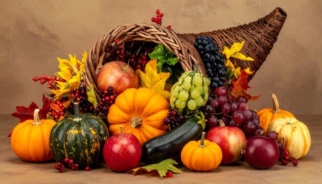 Artistic visual of a horn of plenty bountifully filled with autumn harvest