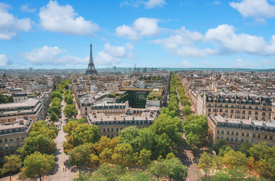Aerial photograph of Paris, France, taken from the Arc de Triomphe. Paris on a summer afternoon.