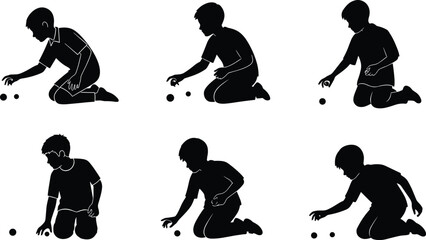 Silhouette boy playing marbles, child game activity, kids fun illustration, childhood leisure, traditional toy, outdoor playtime, vintage children entertainment design