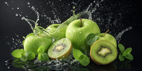 Splashing Fresh Green Apples and Kiwis with Mint Leaves Against Dark Background 