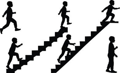 Silhouette child walking upstairs and downstairs, boy climbing steps, kid on staircase, growth concept, childhood progress, success journey illustration design