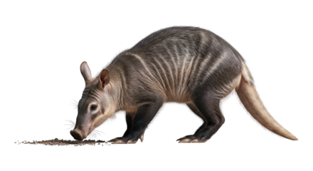 Aardvark sniffs the ground, gray striped fur, isolated on black background