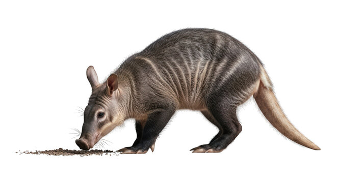 Aardvark sniffs the ground, gray striped fur, isolated on black background