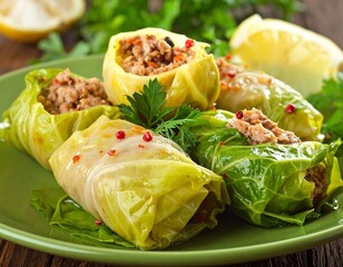 Cabbage rolls, stuffed with meat, served on a plate