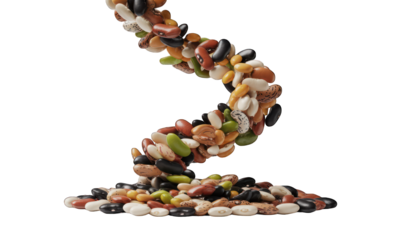 Assorted beans cascade down, forming a small pile on a black background