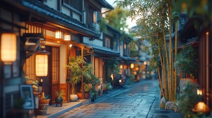 Fototapeta premium Idyllic Japanese street with traditional buildings and warm lantern lighting