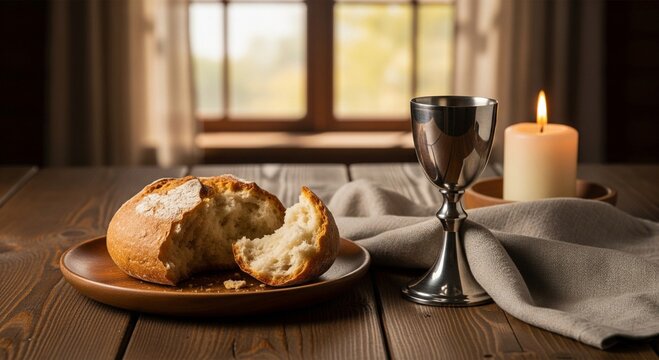 Cena r&uacute;stica de p&atilde;o e vinho representando a Santa Ceia.