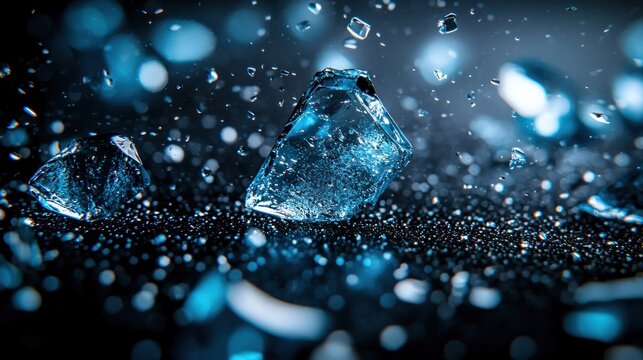 Ice chunks and droplets on a dark surface, illuminated with cool blue light