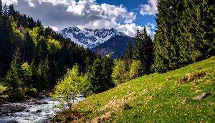 Obraz premium Mountain valley scene with river and wildflowers