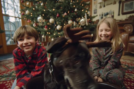 brown labrador cute dog in reindeer rudolf costume with antlers near christmas tree at home, with kids playing around together	