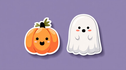 Obraz premium Halloween celebration sticker, humorous ghost with pumpkin, flat-style image