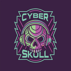 Cyber skull with neon headphones and glitch effect digital art