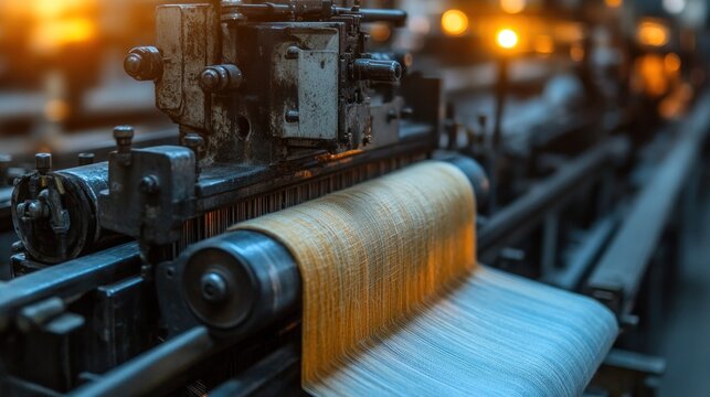 Industrial loom weaving fabric in a factory, with warm, bokeh lights in background