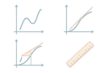 Tangent Line Geometry Icons. Isometric vector illustration set Tangent Line Geometry: smooth curve graph, tangent line touching at
