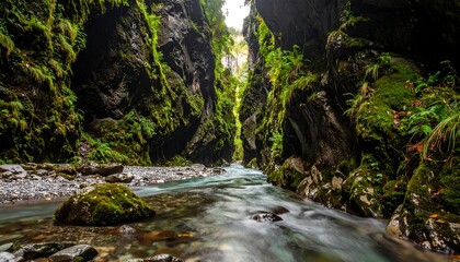 Mountain river gorge, lush vegetation