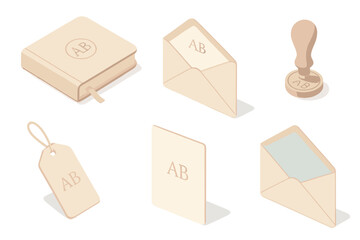 Stationery Design Collection. Isometric vector illustration set Stationery personalization: monogrammed notebook, embossed letter,