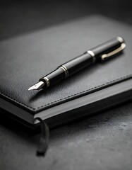 Elegant black pen resting on a leather-bound notebook