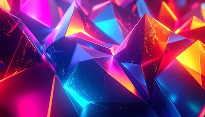 A vibrant abstract composition. Colorful, geometric shapes are illuminated with a gradient of hues, creating a textured, dimensional effect