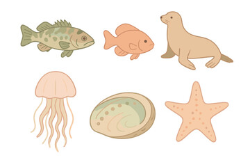 Coastal Underwater Creatures. Isometric vector illustration set Coastal underwater animals: kelp bass, Garibaldi fish, sea lion,