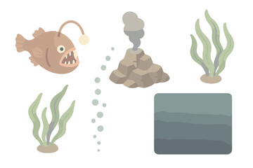 Fototapeta premium Underwater Exploration Icons. Isometric vector illustration set Deep ocean environment: anglerfish, rocky seabed, thermal vent,