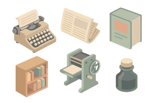 Vintage Publishing Icons. Isometric vector illustration set Vintage publishing: serif typewriter keys, newspaper sheet, magazine