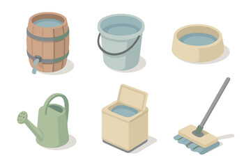Rainwater Utilization Icons. Isometric vector illustration set Rain storage uses: rain barrel, car wash bucket, pet water bowl,