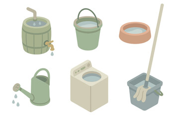 Rainwater Utilization Icons. Isometric vector illustration set Rain storage uses: rain barrel, car wash bucket, pet water bowl,