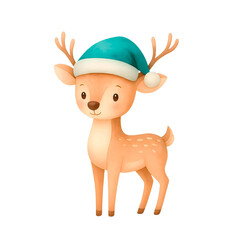 Cute Christmas reindeer watercolor illustration for holiday decor